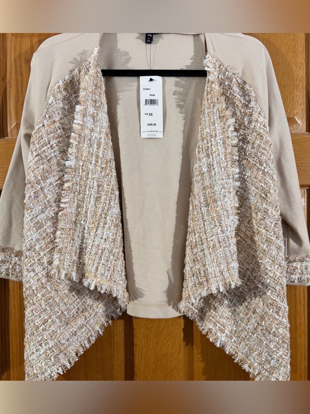 NWT MK Grayse Tweed Fringe Draped Cardigan Jacket Beige XS $395